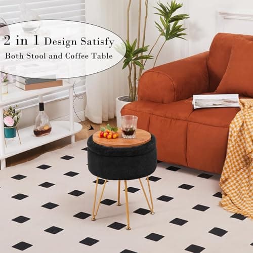Cplxroc Footrest Footstools Round Faux Fur Ottoman with Storage Space Soft Vanity Chair Seat Coffee Table Ottoman Small Side Table Metal Legs with Adjustable Footings (Black) - Thumbnail 3