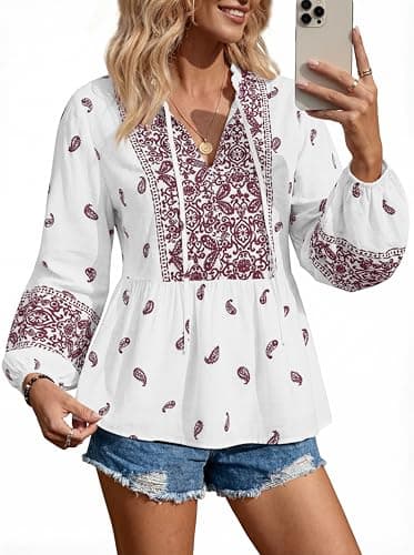 MASCOMODA Women Boho Babydoll Tops Spring Summer Casual V Neck Peplum Long Sleeve Blouses Flowy Shirts Beach Vacation Clothes(White Wine Red Floral,Small) - Thumbnail 3