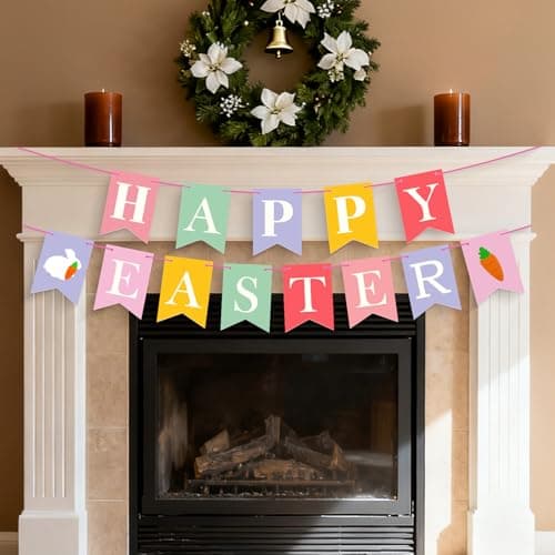 Oeyliz Easter Banners Happy Easter Garland Decorations Happy Easter Sign for Home Easter Party Decorations for Indoor Outdoor Spring Farmhouse Office Mantle Wall Decor - Image 1