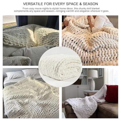 Luxury Super Chunky Knit Throw Blanket, Handmade Chenille Cable Knit Crochet Blanket 50x60, Soft Thick Chunky Yarn Knit Throw for Couch & Bed, No Shedding, Ivory/Cream Home Decor Gift - Thumbnail 3