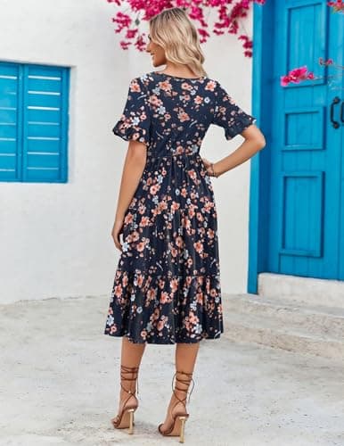 Zeagoo Summer Midi Dresses for Women Casual Short Sleeve V Neck Flowy Long Dresses Tiered Swing Beach Dress with Pockets Navy Blue Floral - Thumbnail 6