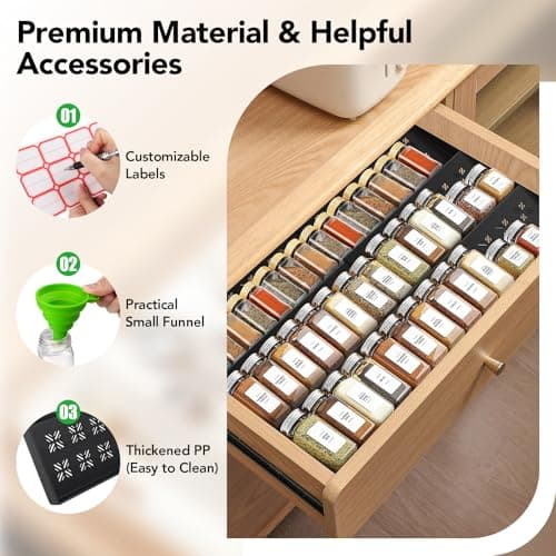 DIOLOVE Spice Rack, Expandable Spice Drawer Organizer (11"-22"), Sturdy & Vented Plastic Seasoning Storage with Labels & Funnel, Drawer Organization for Kitchen, Office, Cosmetic (Jars Not Included) - Thumbnail 3