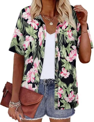 LILYCHIC Womens Button Down Shirts Casual Short Sleeve Tshirts Cute Collared Summer Casual Hawaiian Blouses Black M - Image 1