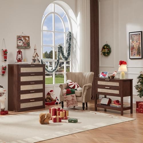 LEYAOYAO 31.5" Wide Rattan Night Stand, Large Boho Nightstand, Bedside Table with Storage, Tall Bed Side End Tables, Chest of Drawers for Bedroom, Living Room, Hallway（Walnut,2 Drawers with Charger,2） - Thumbnail 6