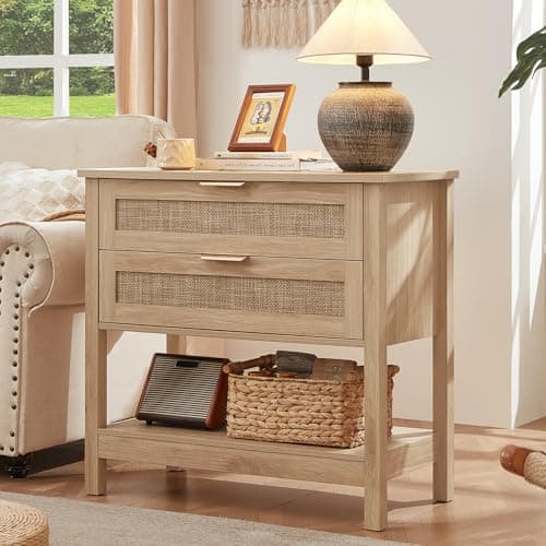 LEYAOYAO 31.5" Wide Rattan Night Stand, Oversized Large Boho Nightstand with 2 Drawer, Natural Wood Bed Side End Tables with Storage Shelf, Tall Bedside Table for Bedroom Living Room, Hallway - Image 1