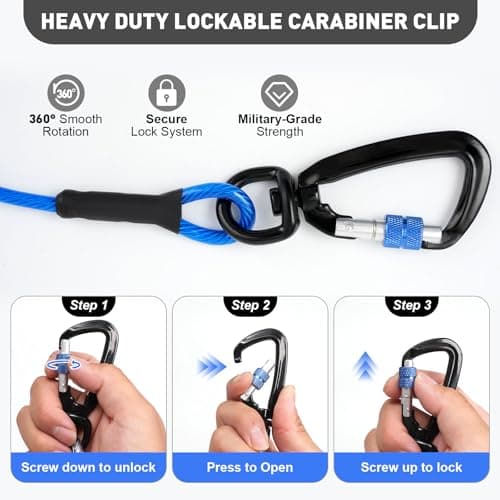 Libbipaw Dog Tie Out Cable 15FT Heavy Duty Chew Proof, Tangle-Free Runner with 360° Swivels & Locking Clip for Large Dogs Up to 250LBS - Rust Proof Leash for Yard, Camping, Outside (Blue 15FT) - Thumbnail 3