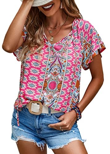 Angashion Women's Summer Tops Casual Floral Print V Neck Ruffle Short Sleeve Loose Tunic T Shirt Blouse Rose Red XL - Image 1