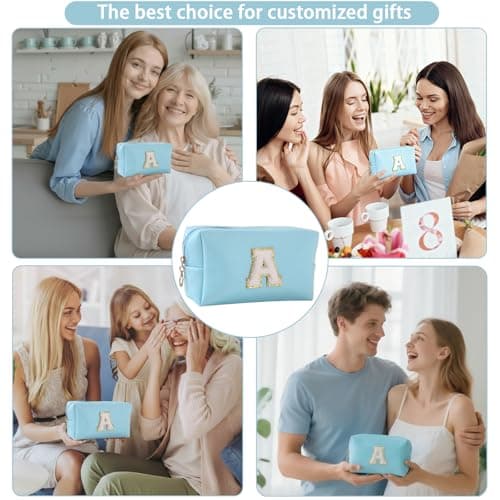 Makeup Bag Initial Preppy Patch Bag,Small PU Leather Travel Cosmetic Bag Pouch with Zipper, Blue Cute Toiletry Bag,Gift Ideal for Teen Girls Women Birthday Friend Mom, Latter A - Thumbnail 6