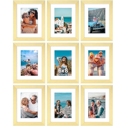 Vittanly 6x8 Picture Frames Set of 9, Shatter Resistant Plexiglass, Display 4x6 Pictures with Mat or 6x8 without Mat, Photo Frames for Wall or Tabletop, Engineered Wood, Gold - Image 1