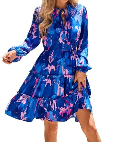 BTFBM Women Fall Dresses 2025 Floral V Neck Long Sleeve Tiered Ruffle Boho Swing Flowy A-Line Mini Dresses Vacation(Blue Pink Floral,Medium) - Image 1