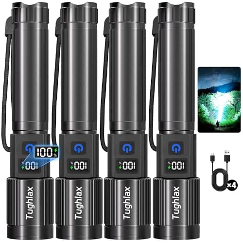 Tughlax 4Pack Rechargeable Flashlights High Lumens 10000LM, Super Bright Flashlight with LCD Digital Display, 5 Modes Adjustable Flash Light, LED Flashlight Powerful, Tactical Flashlights for Home - Image 1