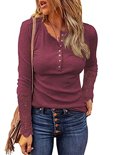 BTFBM Women Long Sleeve Shirts Spring Solid Button Up V Neck Lace Long Sleeves Slim Fit Knit Casual Fall T-Shirts 2026(Wine Red,XX-Large) - Image 1
