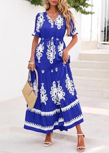 Lazysmile Summer Dresses for Women Short Sleeve V Neck Floral Drawstring Flowy A Line Boho Maxi Dress with Pockets Blue - Thumbnail 4