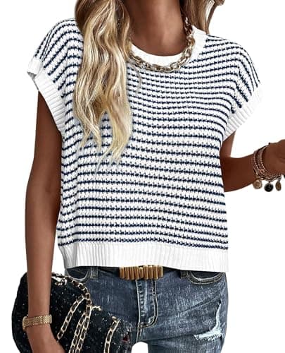 PRETTYGARDEN Short Sleeve Sweater for Women 2026 Summer Outfits Striped Pullover Cap Sleeve Knit Sweaters Vest Tops Trendy(Striped White Navy,Large) - Image 1