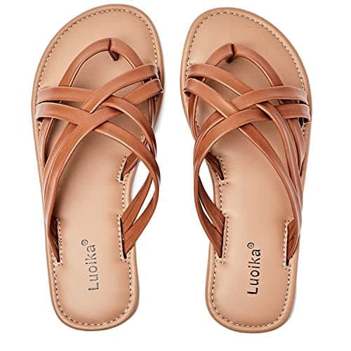 Luoika Women's Wide Width Flat Sandals, Flip Flop Slides Sandal Casual Strapy Sandal Slip on Summer Beach Shoes for Women.190102 Tan 9XW - Image 1