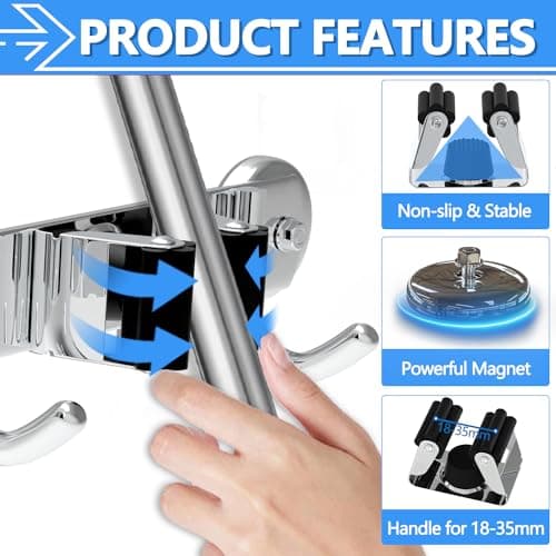 3-H Magnetic Broom Holder Wall Mount 1 Pack, 2-in-1 Dual Mount (No Drill or Screw Fix), 304 Stainless Steel Heavy Duty Magnet Mop Broom Organizer for Kitchen Garden Garage(3 Racks & 4 Hooks,Silver) - Thumbnail 3