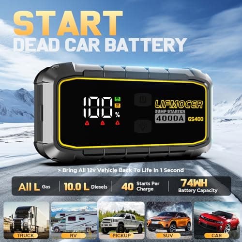 LIFMOCER GS400 Jump Starter - 4000A Car Battery Jump Starter for Up to 12.0L Gas and 10.0L Diesel Engines, 12V Portable Jump Box with Storage Case USB Quick Charge, and LCD Display - Thumbnail 3
