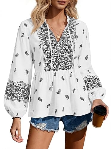 MASCOMODA Women Boho Babydoll Tops Spring Summer Casual V Neck Peplum Long Sleeve Blouses Flowy Shirts Beach Vacation Clothes(White Black Flower,Large) - Image 1