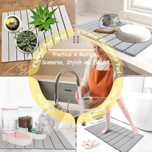 Stone Dish Drying Mat For Kitchen & Bathroom - Diatomaceous Earth, Quick Dry, Collapsible, Non - Slip Pvc, Rounded Corners, 15.4 X 23.6 IN, Absorbent, Natural Material For Dishes, Cups & More - Thumbnail 5