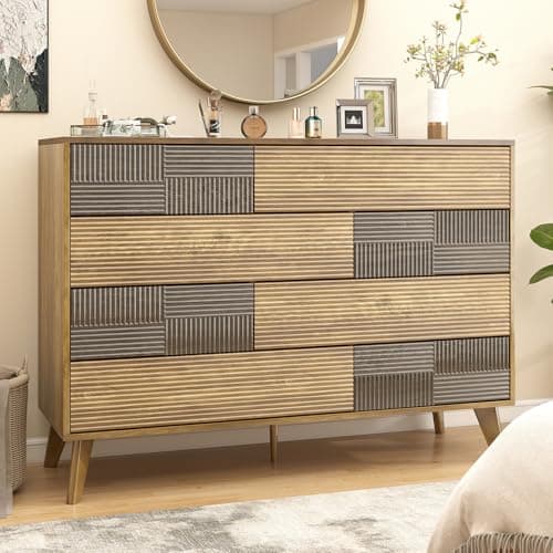 Hadulcet Wood Dressers for Bedroom 47” Wide, Large 8 Drawer Dresser TV Stand, Modern Chest of Drawers Closet Clothes Storage Organizer with Fluted Panel, No Handles Design, Dark Wood - Thumbnail 3