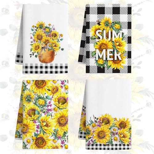 Vetoxka 4 PCS Sunflower Plaid Kitchen Towels Set - Quick Drying Farmhouse Decor Dish Hand Tea Towel Cloths Dishtowels for Home Funny Gift Cooking Accessories Housewarming Novelty Gifts (Black, White) - Image 1