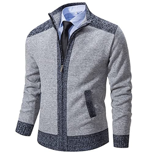 Msmsse Mens Casual Stand Collar Cardigan Zip Up Cable Knitted Sweater with Pockets Light Grey L - Image 1