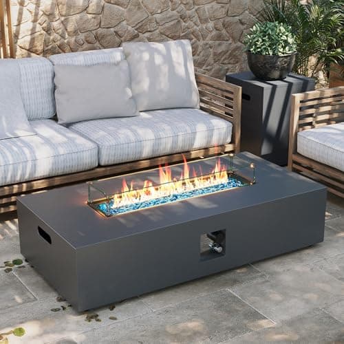 UPHA 56-inch Outdoor Propane Gas Fire Pit Table 50000 BTU Iron Rectangle Firepit for Outside Patio with Tank Hidden Table, Wind Guard, Removable Lid, Blue Glass Rocks, Rain Cover, Grey - Image 1