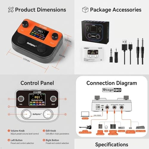 Bullfighter Multi Effects Guitar Pedal Pocket,125 Effects,99 Presets,10 Effect Modules,90s Looper,100 Drum Patterns, 20 IR/NAM Slots,USB Audio/OTG,Rechargeable for Electric Guitar and Bass - Thumbnail 5