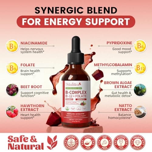 Methylated B Complex - 5000 mcg Methylcobalamin B12 & 5-MTHF Folate 1000 mcg - Vitamin B Complex Liquid Drops with B3, B6, Beetroot, Hawthorn - Energy, Focus, Heart & Brain, Sugar-Free, 2 Fl Oz - Thumbnail 3