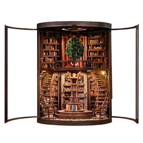 Havefunfun Wisdom Tree Library Book Nook Kit, DIY 3D Wooden Puzzle with Rotating Staircase, LED Light & Dust Cover, Premium Solid Wood Bookend, Vintage Decor, Creative Gift for Adults & Book Lovers - Image 1