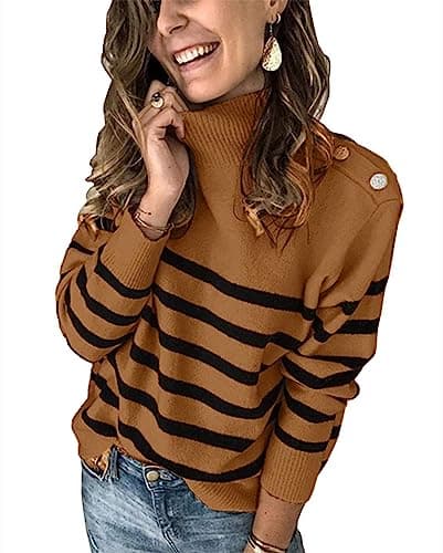 KIRUNDO Fall Sweaters for Women 2026 Striped Turtleneck Ribbed Knit Sweater Trendy Pullover Jumper Winter Fashion Clothing(Small, Khaki) - Image 1