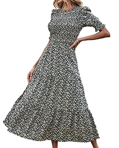 BTFBM Women Casual Summer Dresses 2025 Spring Crew Neck Ruffle Short Sleeve Floral Print Smocked Boho Flowy Maxi Dress(Floral Black Apricot, Medium) - Image 1