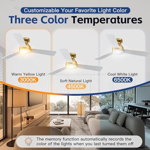 Ceiling Fans with Lights, 42 Inch Ceiling Fan with Light And Remote, 3CCT Flush Moun Low Profile Ceiling Fans, 6 Speed Noiseless LED Ceiling Fan, Advanced Gold Ceilings Fan for Bedroom Living Room - Thumbnail 3