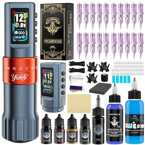 Tattoo Gun Kit for Professionals, Wireless Tattoo Pen Machine Set with 7 Strokes Length, 2Pcs 1,600 mAh Batteries, 20Pcs Cartridge Needles for Artists Tattoos Supply (hermess orange-kit) - Image 1