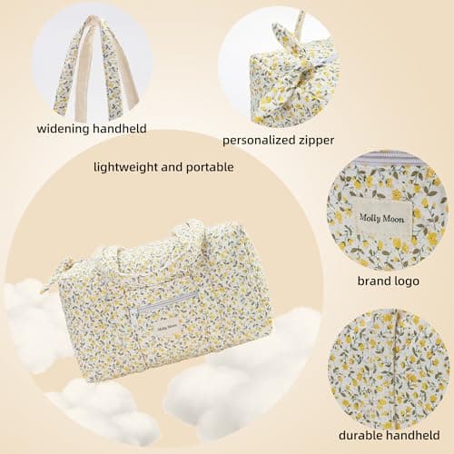 Molly Moon Top Zipper Floral Quilted Duffle Bag for Women, Yellow Quilted Small Floral Tote Bags with Coin Purse, Cute Cotton Shoulder Bag for Travel, Work, School - Thumbnail 4