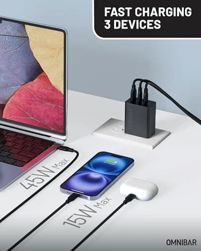 Omnibar 65W USB C Charger, 3-Port GaN Compact USB C Wall Charger Block with Foldable Plug, Type C Charger Fast Charging Block for MacBook, iPad, iPhone 17/16/15/14, Samsung S26/S25/S24, Switch, Black - Thumbnail 2