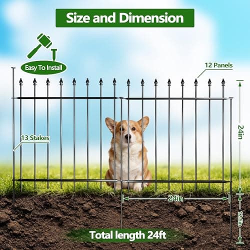 Decorative Metal Garden Fence，(12 Panels+ 13 Posts), 24 ft(W) x 24 in(H), Small Metal Border Fence, Classic Roman Column Decoration, Garden and Lawn Landscape Fence, Black Animal Fence - Thumbnail 2