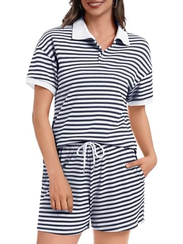 Casly Lamiit 2 Piece Outfits for Women Striped Drawstring Short Sets Casual Short Sleeve Tops 2026 Summer Travel Airport Lounge Set Sweatsuit Navy White 2XL - Image 1