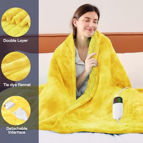 greenoak Heated Electric Blanket Throw, Faux Fur Sherpa Heating Blanket for Sofa Bed, Warm Winter Gifts for Women/Adults, Heater Lap Blankets 5-Position Timer &10 Heating Levels 50''*60" Lemon - Thumbnail 2