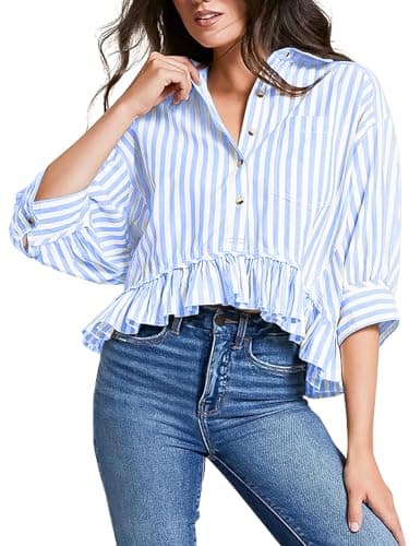 Womens Cropped Striped Shirts Button Down Half Sleeve Ruffle Bottom V Neck Casual Summer Blouse Tops Light Blue M - Image 1