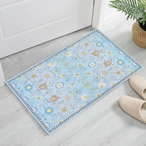 VIPBED 2x3 Area Rugs, Washable Floral Boho Rugs, Non Slip Low Pile Small Carpet, Indoor Door Mat for Entryway, Kids Playroom, Bedside, Girls Dorm, Nursery (Blue Floral) - Image 1