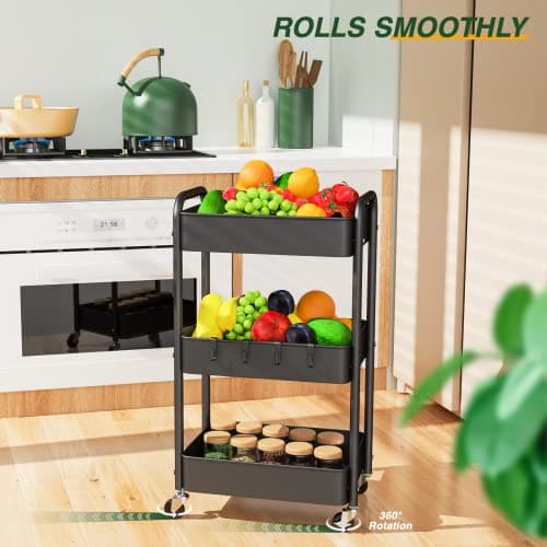 LEHOM 3 Tier Rolling Storage Cart, Metal Trolley Utility Cart with Wheels & Hooks, Easy Assembly Organizer Storage Cart for Bathroom Kitchen Office Bedroom - Thumbnail 4