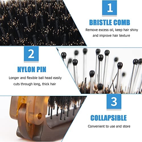 Travel Folding Hair Brush, Collapsable Portable Pocket Boar Bristle Hair Brush for Thin Thick Hair, Mini HairBrushfor Men Women Kids Thick Thin Curly Straight Wet Dry Hair Restore Shine Fold x1 Amber - Thumbnail 2