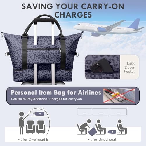 WOOMADA Weekender Overnight Bag for Women, Shoulder Travel Duffel with Shoes Compartment,Gym Bag with Toiletry Bag Large Size(black leopard) - Thumbnail 6