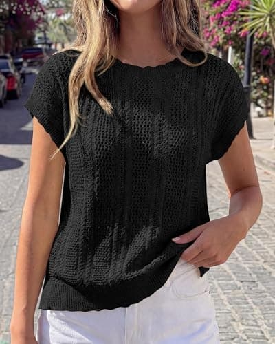 KIRUNDO Sweater Vest Women Crochet Top Cap Short Sleeve Sweater 2026 Spring Summer Cable Knit Pullover Beach Vacation Outfits(Black, Small) - Thumbnail 6