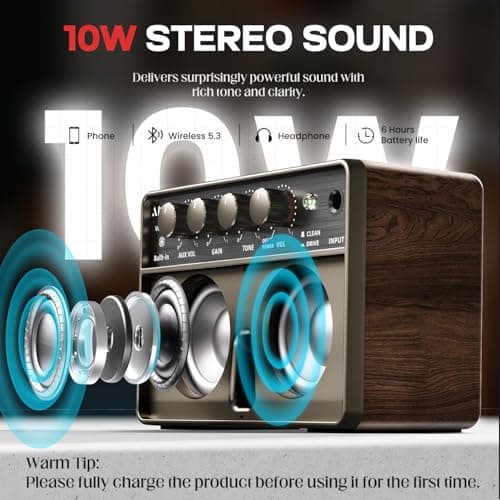 Mini Electric Guitar Amp, Rechargeable 10W Small Portable Guitars Amplifier 5.9*3.9*2.6in Clean/Drive Channels,Wireless Audio,USB-C,6H Working,Headphone Out/AUX In,Compact Practice Travel Speaker Amps - Thumbnail 5