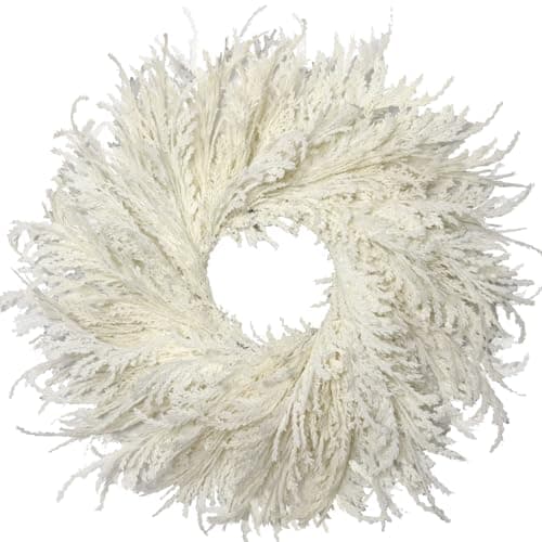 HipTree 28 Inch Spring Boho White Flocked Cypress Wreath Outdoor,Neutral Pampas Grass Wreaths - Handmade Faux Farmhouse Cedar Wreath for Front Door,All-Season Year-Round Ins Home Décor - Image 1