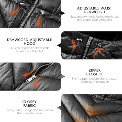 BINACL Women's Fashion Hoodie Thickened Black Jacket, Down Alternative Parka Stylish Shiny Puffer Jacket Women Glossy Cotton Padding Outwear Climbing Long Sleeve Jacket Winter Warm Long Coat(Black L) - Thumbnail 3