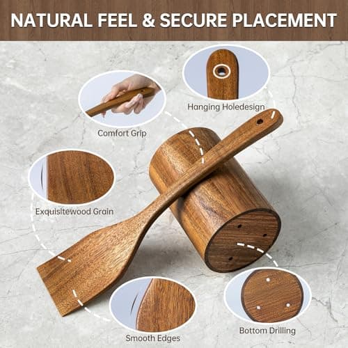 12 PCS Acacia Wooden Spoons for Cooking - Heat-Resistant, Comfort Grip,Easy to Clean, Non-stick Friendly - Kitchen Utensil Set with Holder, Spoon Rest & 6 Hooks, Ideal for Gifting - Thumbnail 3
