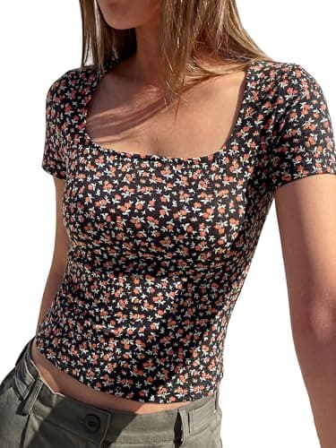 BTFBM Floral Square Neck Tops for Women 2026 Trendy Summer Outfits Short Sleeve Shirts Boho Top Beach Vacation Clothes(Black Orange Flower, Large) - Image 1
